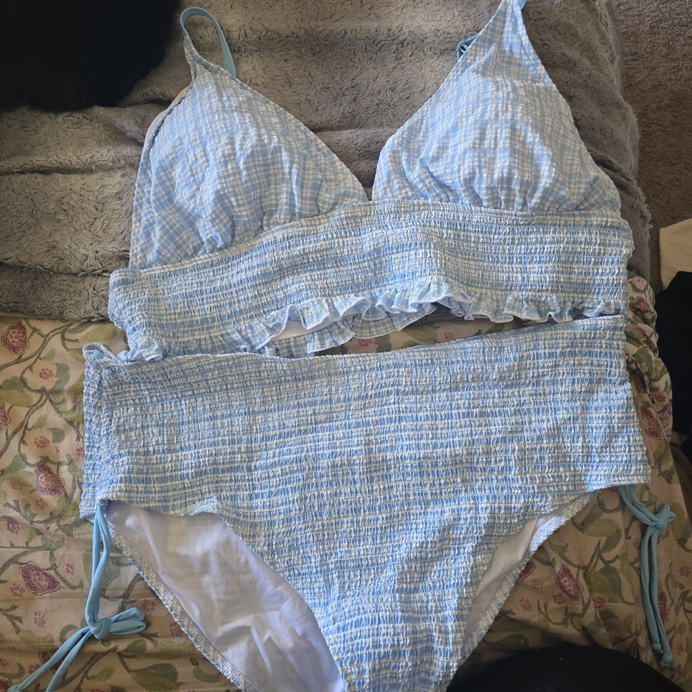 Cider Light Blue Smocked Bikini Set with Ruffle Trim